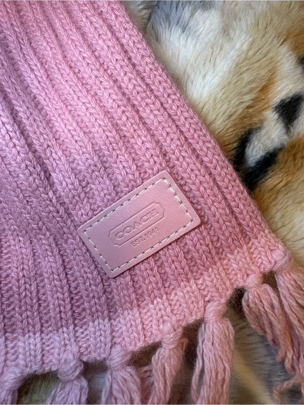 Coach Pink Ribbed Fringe Knit Scarf